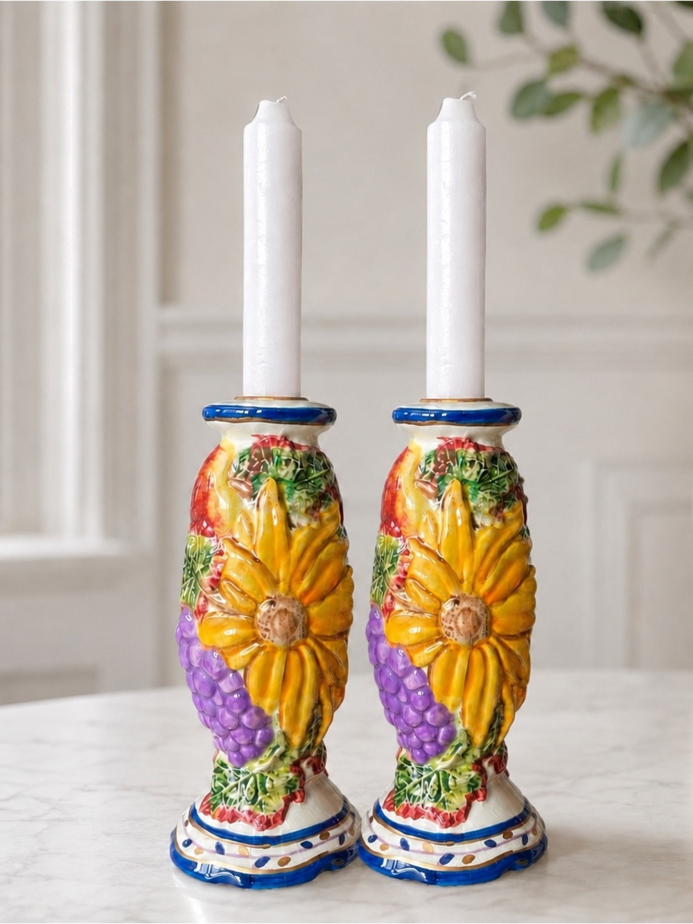 Fall Harvest Candle Holder Set Bella Casa By Ganz Ceramic Fruits Sunflowers 6.5"